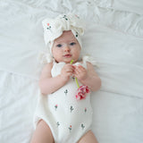Floral Embroidery Romper + Bow - White