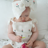 Floral Embroidery Romper + Bow - White