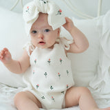 Floral Embroidery Romper + Bow - White