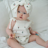 Floral Embroidery Romper + Bow - White