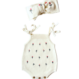 Floral Embroidery Romper + Bow - White