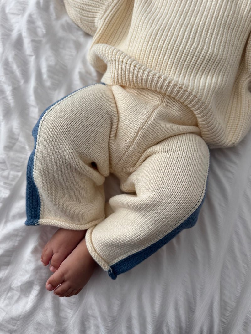 Knit Striped Pants  - Cream & Denim Blue
