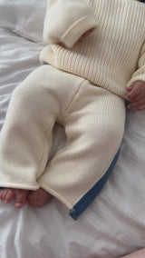 Knit Striped Pants  - Cream & Denim Blue